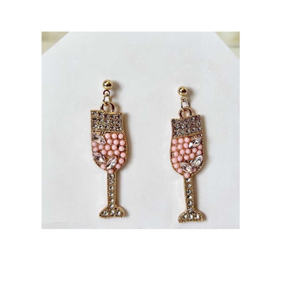 Pink Bead and Crystal Cocktail Glass Drop Earrings
